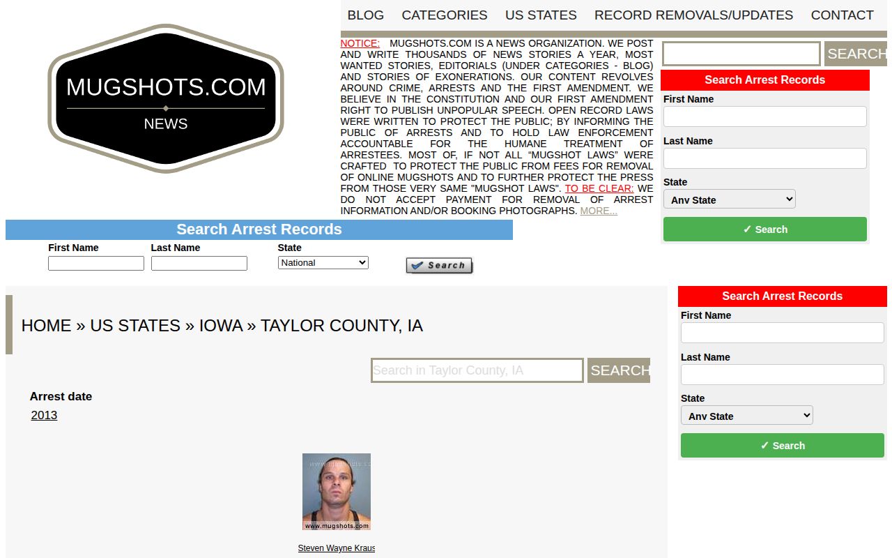 Stale unofficial Taylor County mugshot page showing limited old material